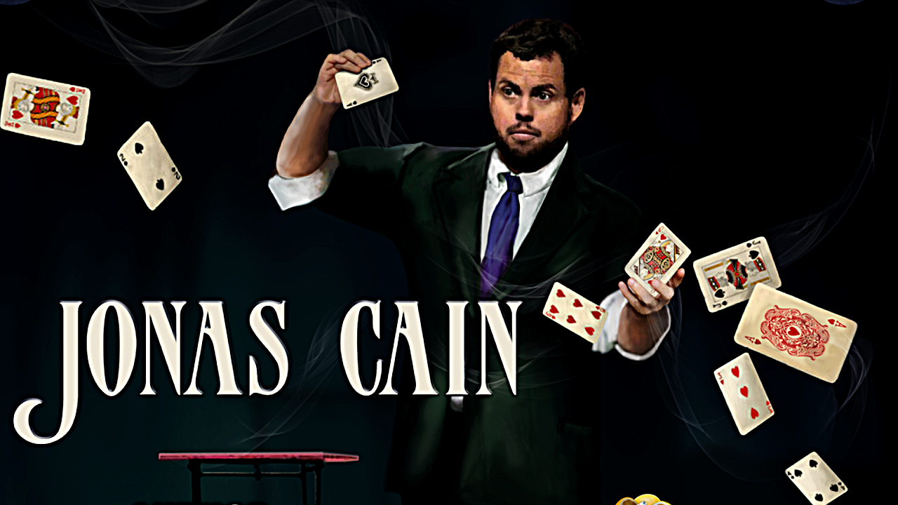 A poster of Jonas Cain a playing cards flying around him.